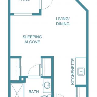 A floor plan of a compact studio apartment featuring a living/dining area, sleeping alcove, kitchenette, and bathroom.