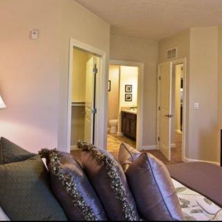 A cozy bedroom with stylish decor and soft pillows on the bed.