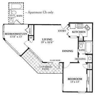 Floor plan of a two-bedroom apartment with a kitchen, dining area, living room, and bathroom.