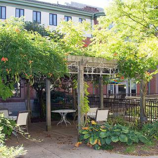 A pergola-covered garden seating area surrounded by lush greenery.