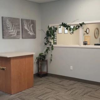 A well-designed reception area featuring a counter, decorative plants, and wall art.