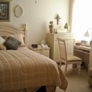 A cozy bedroom with neatly arranged furniture including a bed, dresser, and desk.