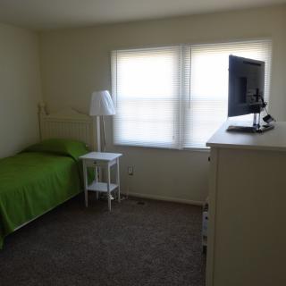 A minimalist bedroom features a single bed with green bedding, a small side table with a lamp, a dresser topped with a television, and natural light coming through the window.