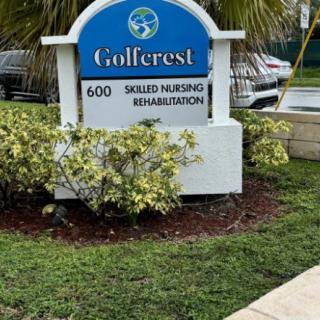 Sign for Golferest Skilled Nursing and Rehabilitation surrounded by landscaping.
