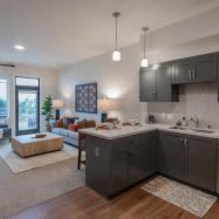 A modern apartment interior featuring an open plan kitchen and living room with stylish decor.