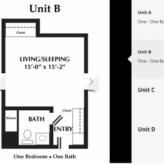 Floor plan of Unit B showing a living/sleeping area, bathroom, and entry.