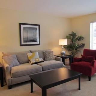 A cozy living room with a comfortable sofa, red armchair, and coffee table, accented by a lamp and indoor plant.