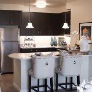 A modern kitchen featuring black cabinetry, stainless steel appliances, and elegant pendant lighting over a countertop with upholstered bar stools.
