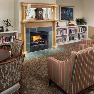 A cozy living room featuring a fireplace, surrounded by bookshelves and armchairs.