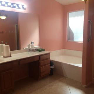 A bathroom with pink walls, featuring a large vanity with a mirror and sink next to a bathtub.