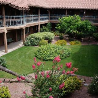 A beautifully landscaped courtyard featuring lush greenery and vibrant flowers.