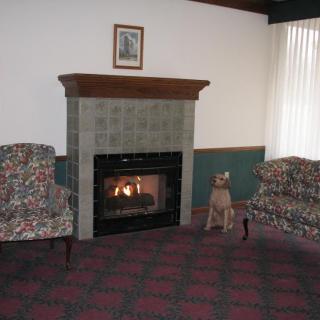 A cozy living room with a fireplace and armchairs.
