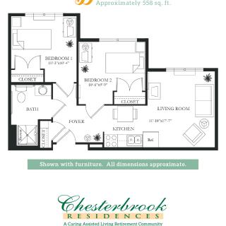 Floor plan of a two-bedroom apartment at Chesterbrook Residences.