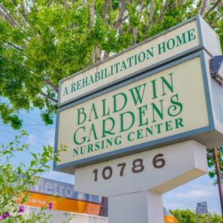 Sign for Baldwin Gardens Nursing Center, a rehabilitation home.