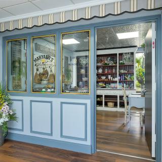 A charming caf� interior with vintage design elements and blue decor.