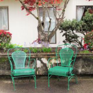 Two green metal chairs sit in a garden setting with plants and flowers nearby.