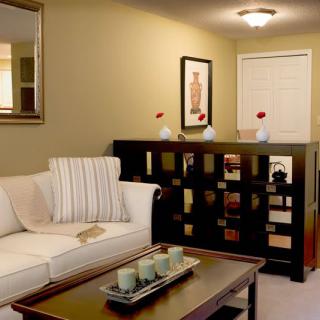 A cozy living room with a comfortable sofa, elegant coffee table, and tasteful home decor.