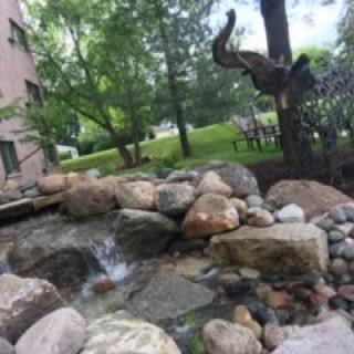 A tranquil garden scene featuring a small pond with rocks and flowing water.