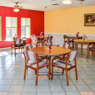 A bright dining area featuring multiple tables and chairs, with colorful walls and ceiling fans.