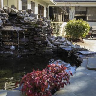 A serene garden setting with a waterfall and pond surrounded by lush foliage and stone landscaping.