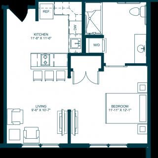 A floor plan of a one-bedroom apartment featuring a kitchen, living room, and bathroom.