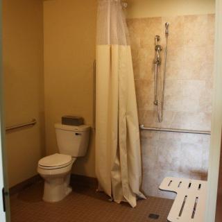 An accessible bathroom with a toilet, shower, and grab bar.