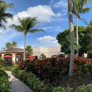 A tranquil garden setting with palm trees and a building under a clear blue sky.