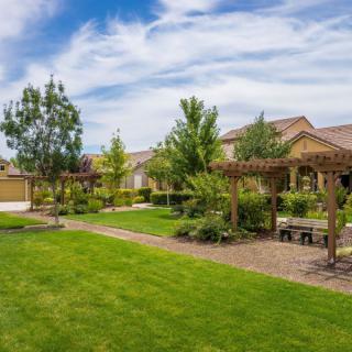 A well-maintained garden with a lush green lawn, trees, and a wooden pergola along a pathway on a sunny day.