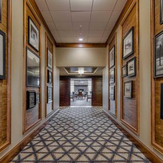 A luxurious hallway with patterned carpet and framed artwork on the walls, leading to a well-lit lounge area.