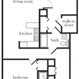 A floor plan of a one-bedroom apartment with a living room, kitchen, bathroom, and walk-in closet.