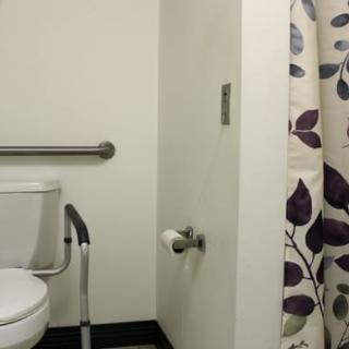 A bathroom featuring a toilet with a handrail, shower curtain, and toilet paper holder.