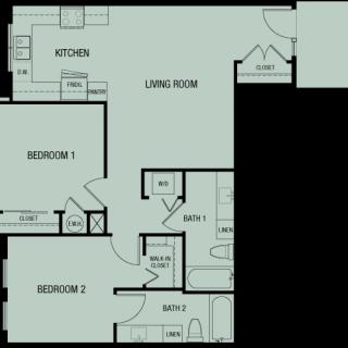 An apartment floor plan featuring two bedrooms, a kitchen, living room, and bathroom.