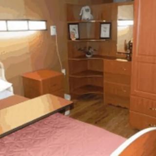 A cozy bedroom featuring wooden furniture with a bed, dresser, and mirror.
