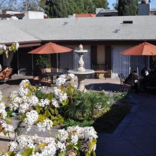 A tranquil courtyard featuring a garden with a fountain, surrounded by seating areas and patio umbrellas.