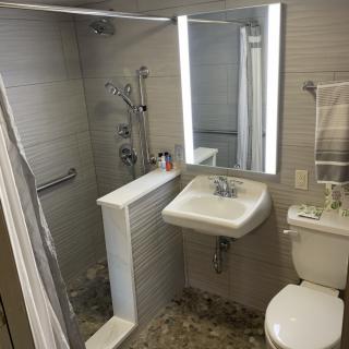A modern bathroom with a sink, toilet, and shower area.