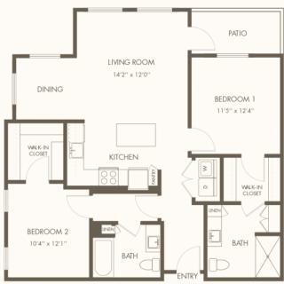 A floor plan of a two-bedroom apartment featuring a kitchen, dining area, living room, and two bathrooms.
