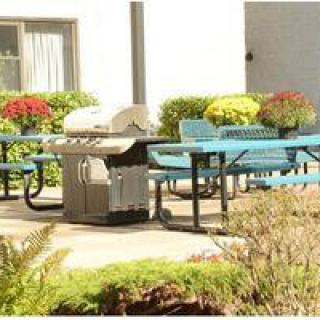 An outdoor patio area with a barbecue grill, tables, and benches surrounded by colorful flowers.