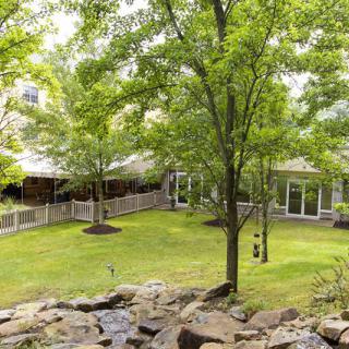 A serene garden with trees and a building in the background.
