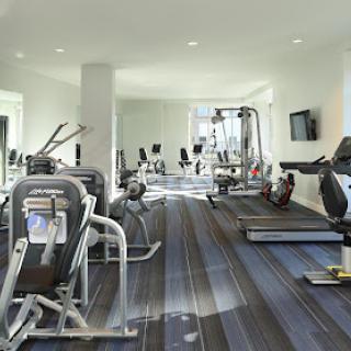 A modern gym equipped with various exercise machines and a spacious layout.