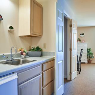 A cozy kitchen area featuring wooden cabinets, a sink, and decorative plants.