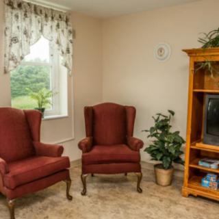 A cozy living room with red armchairs, a wooden cabinet with a TV, and an indoor plant near the window.