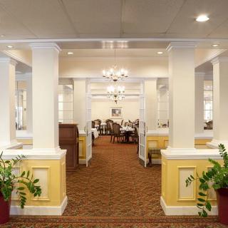 An elegant dining room with chandeliers and neatly arranged tables, featuring a carpeted floor and decorative plants.