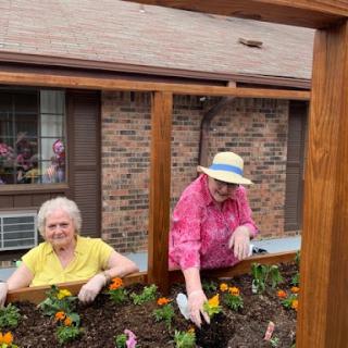 Two elderly women enjoying a sunny day planting flowers in a garden box.