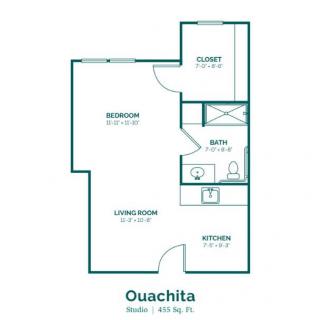 Floor plan of the Ouachita model, featuring a one-bedroom apartment layout.