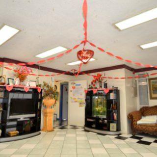 A warmly decorated waiting room with Valentine's Day-themed decorations, including red streamers and heart-shaped ornaments.