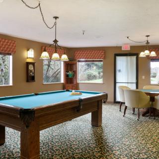 A cozy game room featuring a billiards table and elegant lighting.
