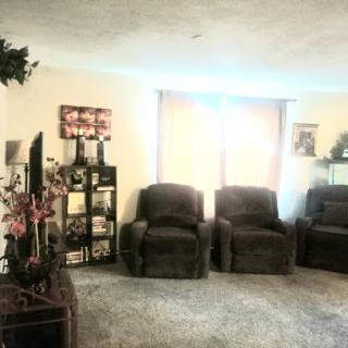 A cozy living room featuring plush recliners and a stylish shelf, bathed in natural light.