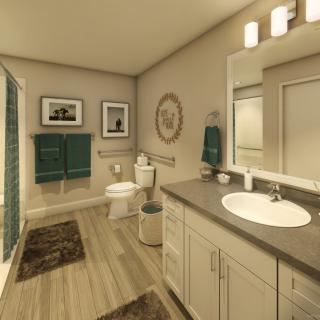 A modern bathroom interior with stylish decor and neutral tones.