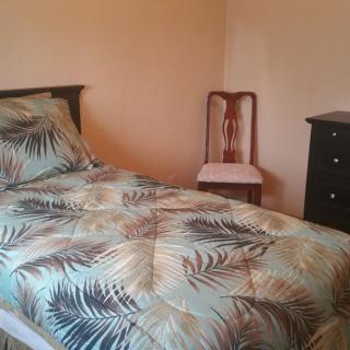 A cozy bedroom with a tropical-themed bedspread, a wooden chair, and a dark dresser against peach-colored walls.