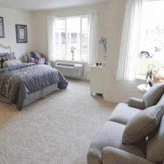 A spacious bedroom with a cozy bed, sofa, and large windows allowing natural light.